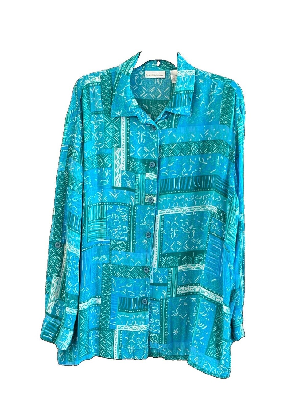 Draper’s&Damon’s Turquoise Print XL Rayon Blouse Krinkle Long Tab Sleeve